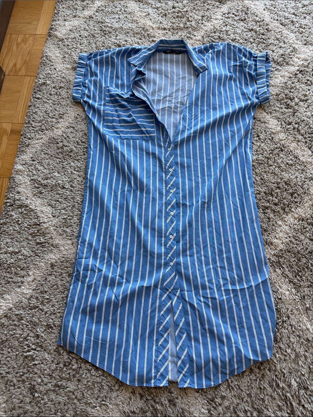 Zara Blue & White Striped Button-Up Shirt Dress medium